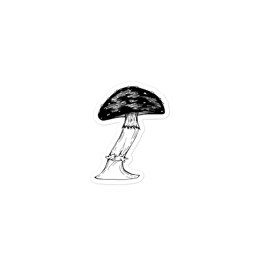 3X3 inch black and white death cap mushroom sticker. Design is in a pen and ink illustration style.