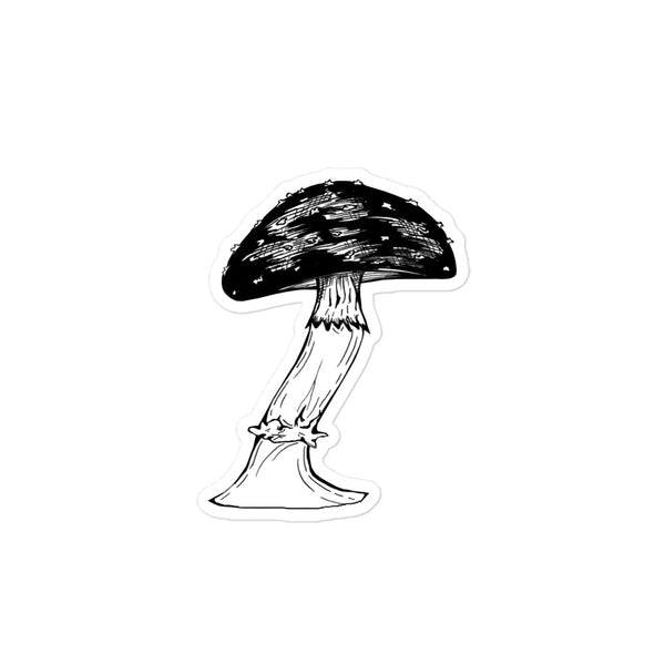 4X4 inch black and white death cap mushroom sticker. Design is in a pen and ink illustration style.