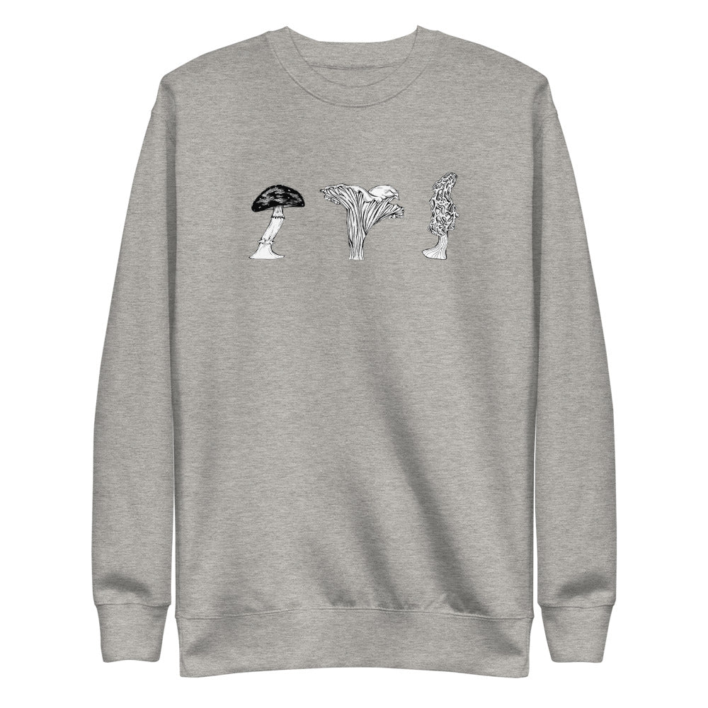 Grey graphic sweatshirt with print of three mushrooms. Print includes death cap, chanterelle and morel.
