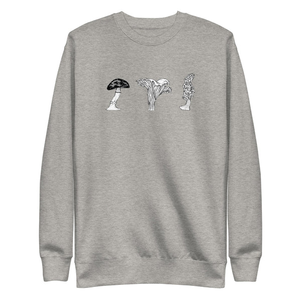 Grey graphic sweatshirt with print of three mushrooms. Print includes death cap, chanterelle and morel.