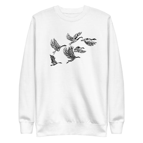 White graphic sweatshirt with print of Canadian geese flying.