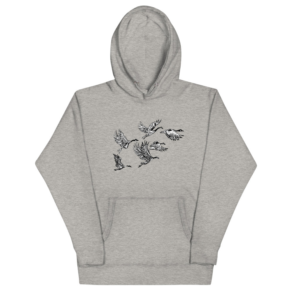 Grey graphic hoodie with flying Canada geese.