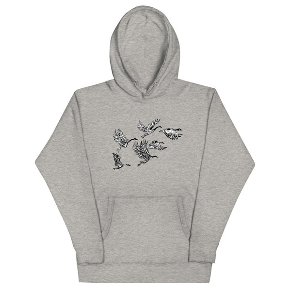 Grey graphic hoodie with flying Canada geese.