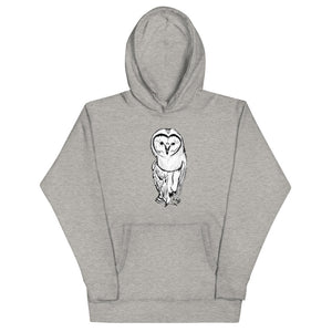 Grey graphic hoodie with a barn owl standing with one foot in the air.