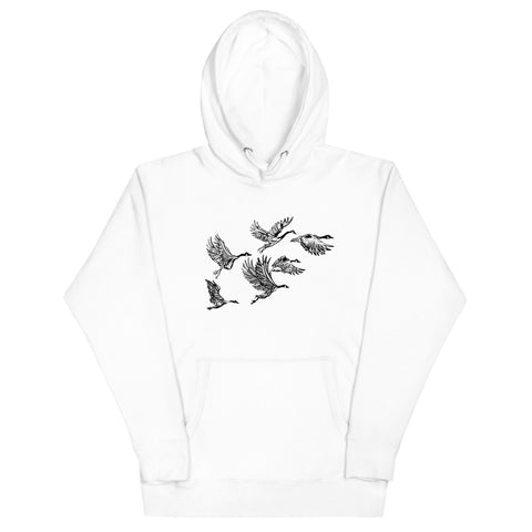 White graphic hoodie with flying Canada geese.