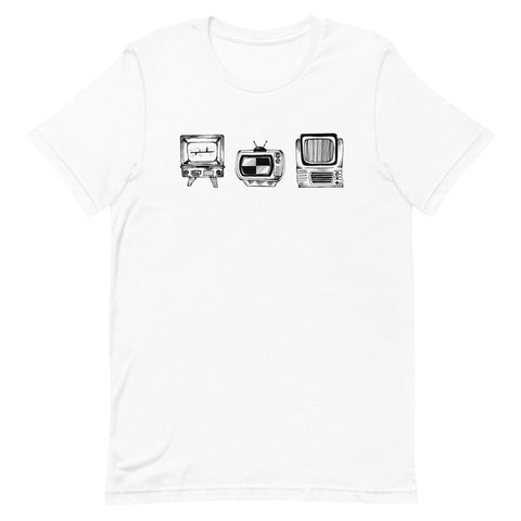 Graphic white t-shirt with black and white design of three retro TVs